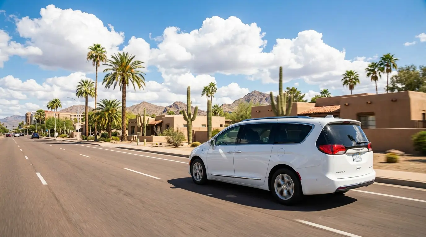 White Chrystler Pacifica rolling down an arizona road at noon